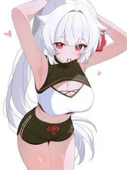 1girl absurdres ahoge alternate_costume alternate_hairstyle armpits arms_behind_head black_shorts blush breasts cleavage commentary_request cowboy_shot dolphin_shorts flower fuyuka_(stella_sora) hair_flaps hair_flower hair_intakes hair_ornament hair_tie_in_mouth heart high_ponytail highres large_breasts legs_together long_hair midriff mouth_hold navel ponytail shorts shusuchii simple_background solo sports_bra standing stella_sora stomach sweat tying_hair very_long_hair white_background white_hair