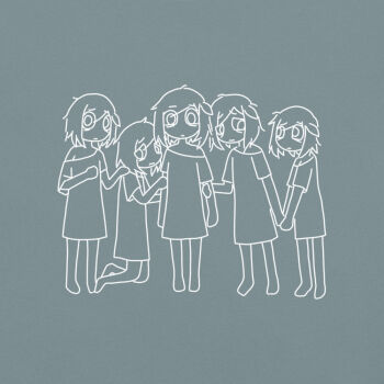 5girls bags_under_eyes bare_shoulders clone closed_mouth grey_background hand_on_another's_shoulder holding_another's_arm holding_hands kneeling looking_at_another mentha_(menthalovely) mint_(menthalovely) multiple_girls off-shoulder_shirt off_shoulder original shirt short_hair simple_bird standing