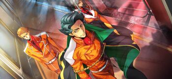 1girl 2boys arm_at_side artist_request ascot belt black_cape blonde_hair blue_eyes blue_hair breasts buttons cape closed_mouth coat code_geass code_geass:_lost_stories collared_shirt cowboy_shot f4samurai forehead from_above furrowed_brow game_cg gem gloves hallway happy highres indoors jacket jeremiah_gottwald kewell_soresi lapel_pin light_particles light_rays long_sleeves looking_at_viewer male_focus medium_breasts military_uniform multiple_boys necktie official_art orange_eyes orange_jacket orange_pants pants purple_coat purple_gemstone red_ascot red_necktie red_shirt res_gloves shirt short_hair sidelocks sleeveless sleeveless_coat sleeveless_shirt smile solo_focus standing v-shaped_eyebrows villetta_nu walking window