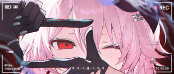 1girl absurdres battery_indicator black_gloves camera camera_view commentary evernight_(honkai:_star_rail) gloves hair_ornament highres honkai:_star_rail honkai_(series) jewelry march_7th_(honkai:_star_rail) official_alternate_eye_color one_eye_closed pink_hair pov recording red_eyes ring solo toria_(toriaa_27) upper_body