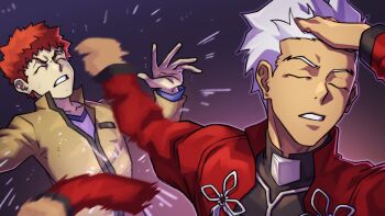 2boys absurdres adjusting_hair alejandro_pupo archer_(fate) coat commentary emiya_shirou fate/stay_night fate_(series) hand_in_own_hair hand_on_own_head highres male_focus meme messy_hair multiple_boys naoya_hitting_choso_without_looking_(meme) punching rapid_punches red_coat red_hair scene_reference school_uniform spiked_hair white_hair