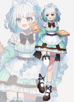 1girl ahoge akatanotaki apron aqua_dress aqua_hair arms_behind_back asymmetrical_legwear black_boots black_bow black_bowtie black_thighhighs blue_eyes blush boots bow bowtie commentary_request dress fang full_body gradient_hair hair_bow heart highres holding holding_paper indie_virtual_youtuber looking_at_viewer maid maid_apron maid_headdress medium_hair mint_fantome mint_fantome_(minto_2.0) multicolored_hair open_mouth paper single_thighhigh skin_fang smile socks tachi-e thigh_strap thighhighs triangular_headpiece virtual_youtuber white_background white_hair white_socks