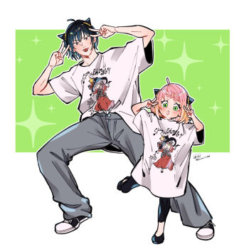 Rule 34 | 1boy, 1girl, ahoge, anya (spy x family), awarinko, black hair, black leggings, black shoes, blush, braid, braided bangs, brown hair, closed mouth, clothes writing, copyright name, double v, gradient hair, green background, green eyes, grey pants, hands up, highres, leggings, multicolored hair, pants, parted lips, pink hair, red eyes, shirt, shoes, signature, sparkle background, spy x family, standing, standing on one leg, tongue, tongue out, twitter username, two-tone background, v, v-shaped eyebrows, white background, white shirt, yuri briar