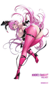 1girl absurdres animal_ear_hairband animal_ears armpits artist_name ass bare_shoulders black_leotard black_shoes black_wrist_cuffs blush breasts character_name choker cleavage commentary copyright_name crotchless crotchless_pantyhose detached_collar earrings fake_animal_ears fang floating_hair full_body goddess_of_victory:_nikke green_eyes hair_between_eyes hair_intakes hairband heart heart_earrings heart_o-ring high_heels highres holding holding_letter jewelry large_breasts leotard letter long_hair looking_at_viewer memenmori mole mole_under_eye name_tag_hair_ornament o-ring o-ring_thigh_strap open_mouth pantyhose pink_choker pink_hair pink_pantyhose pink_rope playboy_bunny rabbit_ear_hairband rabbit_ears rope shibari shibari_over_clothes shoes sidelocks simple_background skindentation solo standing standing_on_one_leg teeth thigh_strap tongue tongue_out upper_teeth_only velvet_(nikke) velvet_(sensual_rabbit)_(nikke) very_long_hair white_background wrist_cuffs