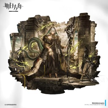 1girl aqua_eyes aqua_nails aqua_wings architecture arknights armpits bare_shoulders black_coat black_dress black_leggings black_shoes breasts cloud cloudy_sky coat commentary_request copyright_name detached_leggings dress full_body grey_hair hair_intakes hand_on_own_hip head_wings high_heels highres ho&#039;olheyak_(arknights) ho&#039;olheyak_(ritual_of_immortality)_(arknights) large_breasts leggings lm7_(op-center) long_tail official_alternate_hairstyle open_clothes open_coat outdoors parted_lips shoes short_hair simple_background sky snake_girl snake_tail solo staff tail two-tone_feathers white_background wings