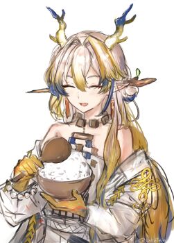 Rule 34 | 1girl, arknights, bowl, closed eyes, dragon horns, earrings, highres, horns, jewelry, long hair, multicolored hair, pointy ears, rice, rice bowl, sakutein oekaki, serving, shamoji, shu (arknights), strapless, tube top, twitter username