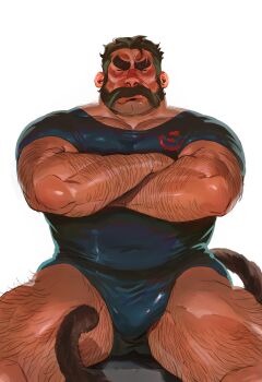 1boy absurdres arm_hair bara beard blush body_hair briefs bulge chest_hair crossed_arms dark-skinned_male dark_skin erection erection_under_clothes eyebrow_cut facial_hair feet_out_of_frame frown hairy highres large_pectorals leg_hair male_focus male_underwear mature_male monkey_tail muscular muscular_male mutton_chops old old_man original pectoral_cleavage pectoral_lift pectorals ross_(doodlrenzo) shirt short_hair sitting solo spread_legs tail thick_eyebrows thick_thighs thighs tight_clothes tight_shirt underwear wrinkled_skin yamu_(renzo)