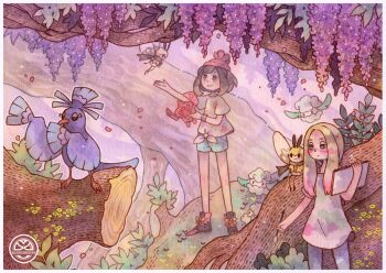 2girls bird black_eyes blanchelune blonde_hair commentary cottonee day english_commentary expressionless facepaint flat_chest flower flying gen_4_pokemon gen_5_pokemon gen_7_pokemon hat holding holding_pencil long_hair mina_(pokemon) multiple_girls nintendo oricorio oricorio_(sensu) outdoors oversized_clothes oversized_shirt pencil plant pokemon pokemon_(creature) pokemon_sm poni_meadow ribombee rotom rotom_dex selene_(pokemon) shirt shoes short_hair shorts smile standing tied_shirt tree trial_captain