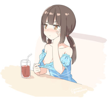 1girl arm_support bare_shoulders bendy_straw blue_dress blush breasts brown_eyes brown_hair closed_mouth clothes_pull collarbone cup dress dress_pull drink drinking_glass drinking_straw female_focus flashing hatsunatsu head_in_hand head_rest long_hair looking_away low_twintails nipples no_bra nose_blush off-shoulder_dress off_shoulder oppai_challenge original puffy_short_sleeves puffy_sleeves pulling_own_clothes short_sleeves sitting small_breasts solo table twintails v-shaped_eyebrows