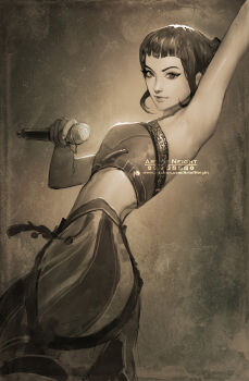 Rule 34 | 1girl, arm up, art of neight, artist name, blunt bangs, closed mouth, commentary, eyeshadow, hair bun, highres, holding, holding microphone, kpop demon hunters, makeup, microphone, monochrome, profile, short bangs, sidelocks, solo, zoey (kpop demon hunters)