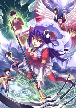 Rule 34 | 1boy, 6+girls, angel wings, ayukawa tenri, bare shoulders, black hair, bow, brown hair, circuit board, cosplay, diana (kaminomi), doll, dress, elysia de lute ima, glasses, guitar, hair bow, hair ornament, halo, haqua d'rot herminium, highres, instrument, kami nomi zo shiru sekai, katsuragi keima, kosaka chihiro, kujou tsukiyo, long hair, luna (kaminomi), magic circle, minerva (kaminomi), multiple girls, mystic-san, nakagawa kanon, nakagawa kanon (cosplay), open mouth, purple hair, red eyes, school uniform, scythe, shiomiya shiori, short hair, skull hair ornament, thighhighs, vulcanus (kaminomi), wings