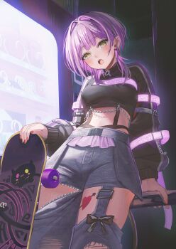 1girl absurdres alternate_costume barbell_piercing black_shirt blue_pants breasts center-flap_bangs clothing_cutout colored_inner_hair commentary cropped_shirt demon_girl demon_tail denim detached_pants double-parted_bangs ear_piercing earrings green_eyes hair_intakes highres holding holding_skateboard hololive industrial_piercing jeans jewelry leg_cutout long_sleeves looking_at_viewer medium_breasts midriff multicolored_hair nail_polish open_mouth orange_nails pants piercing pink_hair pointy_ears puffy_long_sleeves puffy_sleeves purple_hair sanada_keisui shirt short_hair skateboard solo symbol-only_commentary tail teeth tokoyami_towa torn_clothes torn_pants upper_teeth_only virtual_youtuber