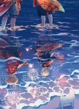 2boys aerial_fireworks antenna_hair armor artist_name beach black_gloves black_scarf blonde_hair blue_scarf brown_shorts cat closed_mouth coat commentary english_commentary fingerless_gloves fireworks genshin_impact gloves grey_pants hair_between_eyes hand_up haori high_ponytail highres holding holding_fireworks japanese_armor japanese_clothes kaedehara_kazuha kazuha's_friend_(genshin_impact) kuro_lee leaf_print long_sleeves low_ponytail male_focus maple_leaf_print medium_hair multiple_boys night open_mouth outdoors pants pants_rolled_up ponytail red_coat red_eyes red_scarf reflection reflection_focus reflective_liquid scarf shorts shoulder_armor sidelocks single_sode smile sode sparkler standing tassel twitter_username vision_(genshin_impact) wading water white_cat white_hair wide_sleeves