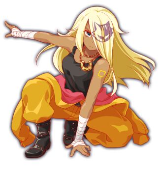 1girl achilles_(crash_fever) anime_coloring ankle_boots artist_request bandaged_arm bandaged_hand bandages bare_shoulders black_boots black_tank_top blonde_hair boots breasts crash_fever dark-skinned_female dark_skin eyelashes frown full_body game_cg gold_necklace hair_over_one_eye hand_on_ground horseshoe horseshoe_necklace jewelry jumpsuit jumpsuit_partially_removed leather leather_boots long_hair looking_at_viewer medium_breasts multicolored_hair necklace number_tattoo numbered official_art on_one_knee one_eye_covered open_hand outline parted_lips red_outline serious shoulder_tattoo simple_background solo square square_tattoo straight_hair streaked_hair tachi-e tank_top tattoo third-party_source transparent_background two-tone_hair v-shaped_eyebrows yellow_jumpsuit yellow_theme