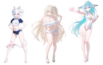 3girls absurdres animal_ears armpits bandaid bare_legs bare_shoulders bikini bikini_skirt blonde_hair blue_buruma blue_hair bow braid breasts buruma captain_chu cat_ears cat_tail choker cleavage closed_mouth collarbone colored_eyelashes commentary_request covered_navel criss-cross_halter crop_top double_bun ear_bell finger_gun frilled_bikini frilled_thigh_strap frills full_body gluteal_fold hair_bow hair_bun halterneck hands_on_own_hips highleg highleg_bikini highleg_one-piece_swimsuit highres jewelry korean_commentary large_breasts long_hair looking_at_viewer maison_kumine midriff mole mole_on_breast mole_under_eye mole_under_mouth multiple_girls mumu_muw navel necklace one-piece_swimsuit one_side_up open_mouth outstretched_arm ponytail raglan_sleeves red_eyes sandals shirt short_sleeves side-tie_bikini_bottom sideless_swimsuit simple_background slippers small_breasts smile spaghetti_strap standing stomach string_bikini swimsuit symbol-shaped_pupils tail thigh_strap thighs twin_braids v-furry very_long_hair virtual_youtuber white_background white_bikini white_choker white_eyelashes white_hair white_one-piece_swimsuit white_shirt yacocomilk