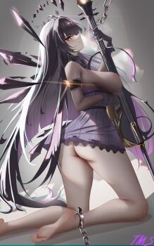 1girl absurdres alternate_breast_size_(larger) ambience_synesthesia arknights artist_name ass barefoot black_dress black_eyes black_gloves black_hair black_wings breasts cello commentary_request dark_halo detached_wings dress feet gloves halo highres instrument large_breasts long_hair official_alternate_costume sirtao soles solo toes very_long_hair virtuosa_(ambience_synesthesia_2024)_(arknights) virtuosa_(arknights) wings