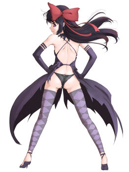 1girl adapted_costume akemi_homura akuma_homura ass backless_dress backless_outfit bare_shoulders black_dress black_gloves black_panties bow closed_mouth commentary_request dress elbow_gloves flat_ass from_behind full_body gloves hair_bow hand_on_own_hip high_heels highres legs_apart long_hair looking_at_viewer looking_back mahou_shoujo_madoka_magica mahou_shoujo_madoka_magica_(anime) marutaya panties profile purple_eyes purple_thighhighs red_bow shoes shoulder_blades simple_background solo standing thighhighs torn_clothes torn_dress underwear white_background
