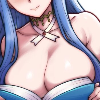 1girl bare_shoulders blue_eyes blue_hair book breast_focus breasts cleavage collarbone eyes_out_of_frame fire_emblem fire_emblem_engage head_out_of_frame holding holding_book large_breasts long_hair lumera_(fire_emblem) nintendo open_book rotomdocs simple_background smile solo upper_body very_long_hair white_background