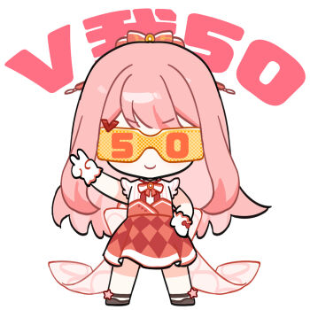 Rule 34 | 1girl, anklet, argyle clothes, argyle skirt, artist request, back bow, bare shoulders, black shoes, blunt bangs, bow, bowtie, brooch, chibi, chinese commentary, chinese text, closed mouth, collared shirt, commentary request, floral memory (infinity nikki), frilled gloves, frilled shirt, frills, gloves, hair bow, halftone, hand on own hip, happy, high-waist skirt, infinity nikki, jewelry, kfc, large bow, light blush, long hair, long sidelocks, medium skirt, nikki (nikki), nikki (series), novelty glasses, official alternate color, official art, pink bow, pink hair, pleated skirt, red bow, red bowtie, red skirt, second-party source, shirt, shoes, sidelocks, simple background, single stripe, skirt, sleeveless, sleeveless shirt, smile, solo, standing, star (symbol), sticker (medium), straight-on, striped bow, striped bowtie, striped clothes, striped shirt, tinted eyewear, translation request, v, v-shaped eyebrows, vertical-striped clothes, vertical-striped shirt, very long hair, white background, white gloves, white shirt, wrist bow, yellow-tinted eyewear