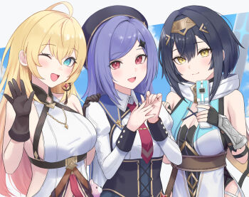 3girls :d ;d ahoge amber_(stella_sora) armpit_crease bare_shoulders black_gloves black_hair black_leotard blonde_hair blue_eyes blue_sky bob_cut breasts cleavage closed_mouth cloud commentary double-parted_bangs elbow_gloves enporion fingerless_gloves gloves highres inverted_bob iris_(stella_sora) juliet_sleeves large_breasts leotard long_hair long_sleeves looking_at_viewer multiple_girls necktie new_star_guild_(stella_sora) noya_(stella_sora) one_eye_closed open_mouth parted_bangs puffy_sleeves purple_hair red_eyes red_necktie shirt short_hair sky sleeveless sleeveless_shirt smile star-shaped_pupils star_(symbol) stella_sora symbol-shaped_pupils white_shirt yellow_eyes