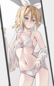 1girl absurdres aqua_eyes blonde_hair blush bow bra breasts closed_mouth commentary english_commentary hair_bow hair_ornament hairclip headphones headset highres kagamine_rin mirror navel off_shoulder open_clothes open_shirt panties scarlet_(wv0102) shirt solo standing stomach underwear vocaloid white_bow white_bra white_panties white_shirt