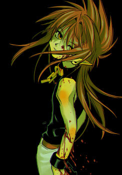 Rule 34 | 1boy, absurdres, belt, black background, blood, blood on face, brown belt, brown eyes, brown hair, highres, long hair, looking at viewer, male focus, menma (enaic31), pants, parted lips, pointy ears, saiyuki, simple background, sleeveless, solo, son goku (saiyuki), white pants