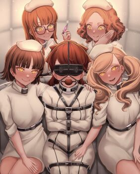 5girls absurdres ball_gag blindfold blonde_hair blush bodysuit bound bound_arms bound_legs brown_hair dankestofdans gag gag_harness gagged hat highres holding holding_syringe licking_lips looking_at_viewer multiple_girls niijima_makoto nurse nurse_cap okumura_haru orange_hair padded_walls persona persona_5 sakura_futaba shadow_(persona) smile straitjacket syringe takamaki_anne tongue tongue_out twintails variant_set white_bodysuit yellow_eyes yoshizawa_kasumi yuri