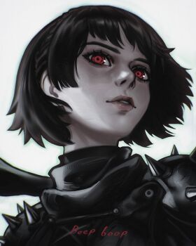 1girl black_scarf bodysuit braid brown_hair chapinor crown_braid highres lips long_scarf looking_at_viewer niijima_makoto parted_lips persona persona_5 queen_(persona_5) red_eyes ringed_eyes scarf short_hair shoulder_pads shoulder_spikes simple_background solo spikes upper_body