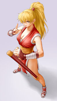 Rule 34 | 1girl, blonde hair, breasts, brown eyes, capcom, cleavage, commentary request, female focus, final fight, final fight 2, from above, full body, genryuusai maki, grey background, high ponytail, highres, holding, holding weapon, japanese clothes, lips, long hair, looking at viewer, makeup, medium breasts, ninja, pelvic curtain, ponytail, red eyes, sarashi, sash, serious, shadow, shoes, sleeveless, sneakers, solo, standing, street fighter, tonfa, weapon, x chitch