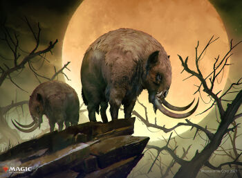 absurdres alexandre_chaudret bare_tree creature highres magic:_the_gathering moon no_humans rock tree tusks