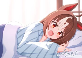 1girl ahoge alternate_hairstyle animal_ears bed blurry blurry_background blush brown_eyes brown_hair gran_alegria_(umamusume) hair_ornament highres horse_ears horse_girl long_hair matty_(matsutomo) pillow pov signature solo umamusume white_background