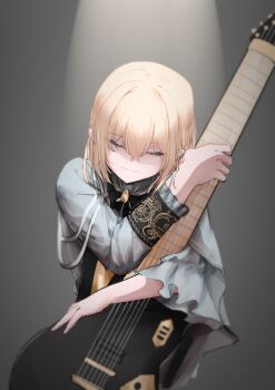 1girl 7-string_guitar absurdres bang_dream! bang_dream!_it's_mygo!!!!! blonde_hair commentary_request electric_guitar extended_range_guitar grey_background grey_jacket guitar highres hugging_object instrument jacket long_sleeves medium_hair misumi_uika solo y_iris30