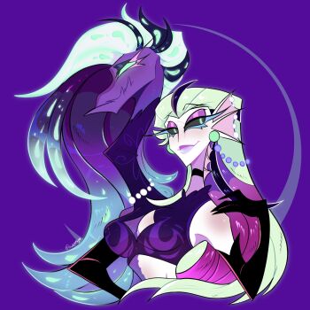 Rule 34 | 1girl, asymmetrical hair, breasts, cigarette holder, closed mouth, colored skin, crop top, green eyes, hellaverse, helluva boss, highres, leviathan (helluva boss), long hair, medium breasts, multicolored hair, multiple heads, purple hair, purple skin, sharp teeth, teeth, white hair, white skin, whiteartblood