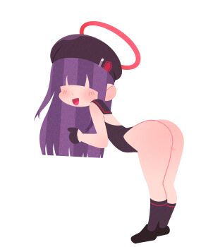 1girl absurdres ass backless_leotard bent_over beret black_gloves black_hat black_leotard black_sailor_collar black_shoes black_socks blue_archive blunt_bangs blush covered_eyes faceless faceless_female female_focus from_side full_body gloves hair_over_eyes half_gloves halo hand_up happy hat highres justice_task_force_member_(blue_archive) leaning_forward legs legs_together leotard loli long_hair mifune_takashi_(style) no_lineart noxtwice open_mouth pink_halo purple_hair sailor_collar shoes sidelocks simple_background smile socks solo standing thighs white_background