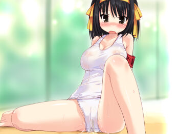 00s 1girl barefoot blush breasts brown_hair ezakishii female_focus hair_ornament large_breasts nipples one-piece_swimsuit pee peeing peeing_self ribbon school_swimsuit short_hair sitting solo spread_legs suzumiya_haruhi suzumiya_haruhi_no_yuuutsu swimsuit wet white_one-piece_swimsuit white_school_swimsuit