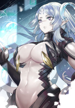 1girl absurdres armor black_armor breasts cleavage commentary cowboy_shot elma_(true_form)_(xenoblade_x) elma_(xenoblade_x) facial_mark forehead_mark hand_up highres large_breasts long_hair monolith_soft navel parted_bangs parted_lips pointy_ears purple_eyes revealing_clothes sidelocks solo teddypocky white_hair xeno_(series) xenoblade_chronicles_(series) xenoblade_chronicles_x