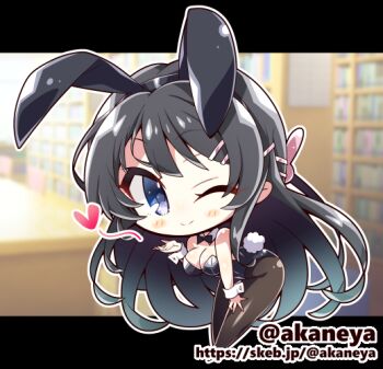 ;) akaneya animal_ear_hairband animal_ears balloon black_hair black_hairband black_leotard black_pantyhose blowing_kiss blush_stickers chibi chibi_only closed_mouth commission fake_animal_ears grey_eyes hair_ornament hairband hairclip heart_balloon leotard long_hair one_eye_closed pantyhose playboy_bunny rabbit_ear_hairband rabbit_ears rabbit_tail sakurajima_mai seishun_buta_yarou skeb_commission smile tail very_long_hair
