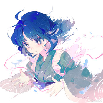 1girl blue_eyes bright_pupils chinese_commentary commentary_request drill_hair drill_sidelocks green_kimono highres japanese_clothes kimono long_sleeves medium_hair mermaid monster_girl obi purple_sash sash seiryo0425 sidelocks solo touhou upper_body wakasagihime watermark weibo_watermark white_pupils wide_sleeves