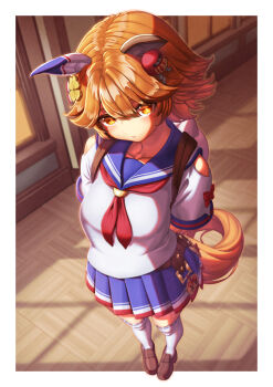 +_+ 1girl animal_ears arms_behind_back blue_skirt blurry blurry_background blush breasts brown_shoes charm_(object) closed_mouth clothing_cutout commentary_request creape ema from_above full_body highres horse_ears horse_girl horse_tail indoors loafers looking_at_viewer matikanefukukitaru_(rising_fortune)_(umamusume) matikanefukukitaru_(umamusume) neckerchief orange_hair sailor_collar school_uniform serafuku shirt shoes short_hair short_sleeves shoulder_cutout skirt solo standing symbol-shaped_pupils tail umamusume upturned_eyes white_shirt wooden_floor yellow_eyes