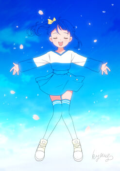 1girl :d above_clouds artist_name blue_hair blue_shirt blue_skirt blue_sky blue_theme blue_thighhighs bow casual cherry_blossoms closed_eyes cloud commentary_request cut_bangs day double_exposure facing_viewer full_body hair_bow hirogaru_sky!_precure knees_together_feet_apart kyanos_(b_0000ff) long_sleeves medium_hair miniskirt open_mouth outstretched_arms petals pleated_skirt precure shirt shoes side_ponytail signature single_sidelock skirt sky smile sneakers solo sora_harewataru standing teeth thighhighs two-tone_shirt upper_teeth_only white_shirt yellow_bow yellow_shoes