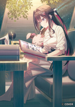 Rule 34 | 1girl, ascot, azki (4th costume) (hololive), azki (hololive), barefoot, black hair, black sash, bow, bow sash, braid, closed mouth, collared dress, colored inner hair, commentary request, copyright notice, couch, double-parted bangs, dress, hair intakes, hair ornament, hairclip, half up half down braid, high-low dress, hololive, indoors, koh rd, long hair, microphone, mole, mole under eye, multicolored hair, night, official alternate costume, official art, on couch, pink hair, pink streaks, pioneer (azki), puffy sleeves, purple eyes, sash, sidelocks, sitting, skirt, skirt under dress, smile, solo, streaked hair, striped clothes, striped dress, three-quarter sleeves, vertical-striped clothes, vertical-striped dress, very long hair, virtual youtuber, waist bow, white ascot, white dress, white skirt, white streaks