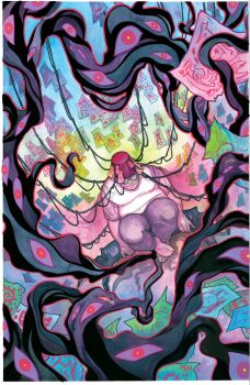 1boy barefoot border cable comic_cover commentary disembodied_eye drawing_(object) english_commentary fez_hat glasses gouache_(medium) grey_hair grey_pants hat highres looking_at_viewer male_focus marvel meghan_hetrick official_art ofuda opaque_glasses painting_(medium) pants paper plump round_eyewear shadow_king_(x-men) shinobu_kageyama shirt sitting smile solo textless_version traditional_media watercolor_(medium) white_border white_shirt x-men