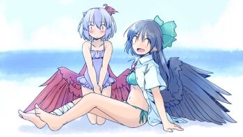 2girls :d barefoot bikini black_hair black_wings blue_background blush bow collared_shirt commentary_request feathered_wings green_bikini green_bow hair_bow head_wings kneeling leg_wrap long_hair looking_back multiple_girls one-piece_swimsuit open_clothes open_mouth open_shirt pointy_ears purple_hair purple_one-piece_swimsuit rangycrow red_eyes red_wings reiuji_utsuho shirt single_head_wing sitting small_horns smile swimsuit third_eye_on_chest tokiko_(touhou) touhou white_shirt wings