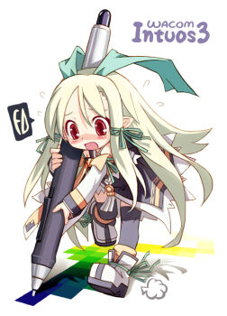 Rule 34 | 1girl, bailknight, blonde hair, blush, holding, holding stylus, intuostan, kneehighs, long hair, long sleeves, original, pointy ears, ribbon, running, sidelocks, socks, solo, stylus, very long hair, wacom