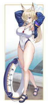1girl absurdres animal_ear_fluff animal_ears armband arms_behind_head blonde_hair blue_archive blue_eyes blue_halo blue_jacket breasts commentary competition_swimsuit covered_navel dog_ears dog_girl english_commentary extra_ears full_body gzest hair_over_one_eye hair_tie_in_mouth halo highleg highleg_one-piece_swimsuit highres innertube jacket kanna_(blue_archive) kanna_(swimsuit)_(blue_archive) large_breasts long_hair looking_at_viewer mouth_hold notched_ear official_alternate_costume one-piece_swimsuit ponytail poolside purple_armband sandals solo swim_ring swimsuit white_one-piece_swimsuit