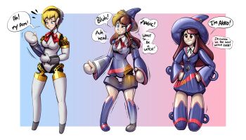 1girl 2020 aigis_(persona) altus artist_request brown_hair clothes commentary commission english_commentary english_text female_focus highres kagari_atsuko little_witch_academia no_pubic_hair nude persona persona_3 redflare500 sex_doll sex_doll_transformation short_hair studio_trigger transformation