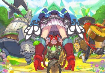 Rule 34 | 1girl, 4boys, artist name, artist request, axe, blue dress, boots, bow, bowtie, breasts, brick road, brown eyes, brown hair, castle, cleavage, cowardly lion, dog, dorothy gale, dorothy gale (riz-zoawd), dress, female focus, forest, grass, guitar, happy, hat, high heels, instrument, jacket, leaning forward, leather, leather boots, long dress, long hair, multiple boys, nature, open mouth, over shoulder, red shoes, ribbon, riz-zoawd, scarecrow, scarecrow (the wizard of oz), shoes, smile, the wizard of oz, tin man (the wizard of oz), toto (the wizard of oz), weapon, weapon over shoulder, yellow brick road