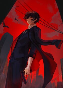 1boy bandaged_arm bandaged_neck bandages black_coat black_hair black_jacket black_necktie black_pants bungou_stray_dogs closed_mouth coat coat_on_shoulders collared_shirt dazai_osamu_(bungou_stray_dogs) floating_hair from_below gauze gauze_on_cheek gun hashtag-only_commentary highres holding holding_gun holding_weapon jacket looking_at_viewer male_focus necktie pants red_eyes red_sky shirt sky solo standing suit_jacket ufomelet_et weapon white_shirt