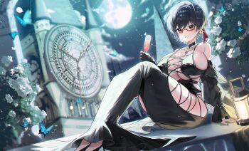 1girl absurdres arm_support bare_shoulders black_dress black_gloves black_hair black_nails blue_butterfly blush breasts bug butterfly champagne_flute chromatic_aberration cleavage clock clock_tower clothing_cutout cloud collarbone commentary commission crescent criss-cross_straps cup detached_sleeves dress drinking_glass dutch_angle flower full_moon gem gloves gurami_(zangizarang) hair_between_eyes hand_up high_heels highres holding holding_cup insect jewelry knees_up large_breasts light_particles long_dress long_sleeves looking_at_viewer moon moonlight nail_polish necklace night night_sky open_mouth orange_eyes original outdoors plant purple_gemstone red-framed_eyewear semi-rimless_eyewear short_hair side_cutout sideboob single_glove sitting skindentation sky smile solo sparkle thigh_cutout thighs tower underboob white_flower wide_sleeves