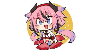 1other :d asymmetrical_footwear black_horns blue_boots blue_eyes blush boots chibi chibi_only commentary_request double-parted_bangs fang full_body hair_between_eyes hat highres horns ini_(inunabe00) long_hair low_twintails meika_hime mismatched_footwear open_mouth other_focus pink_hair red_boots red_hat shirt short_sleeves simple_background sitting smile solo thick_eyebrows transparent_background twintails vocaloid white_shirt